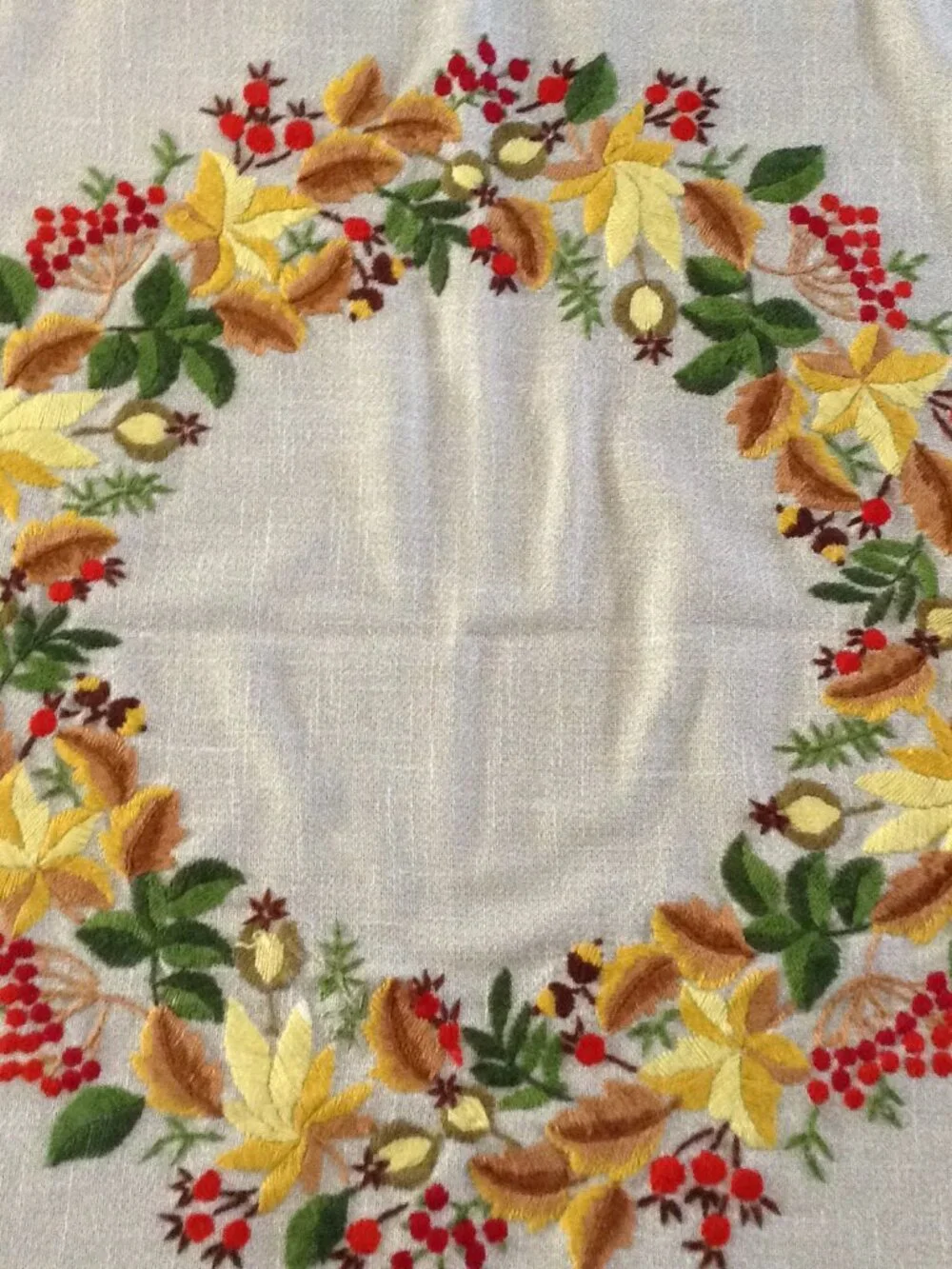 VTG 60-70's Hand Embroidered Linen Table Cloth Autumn Thanksgiving Crochet Lace